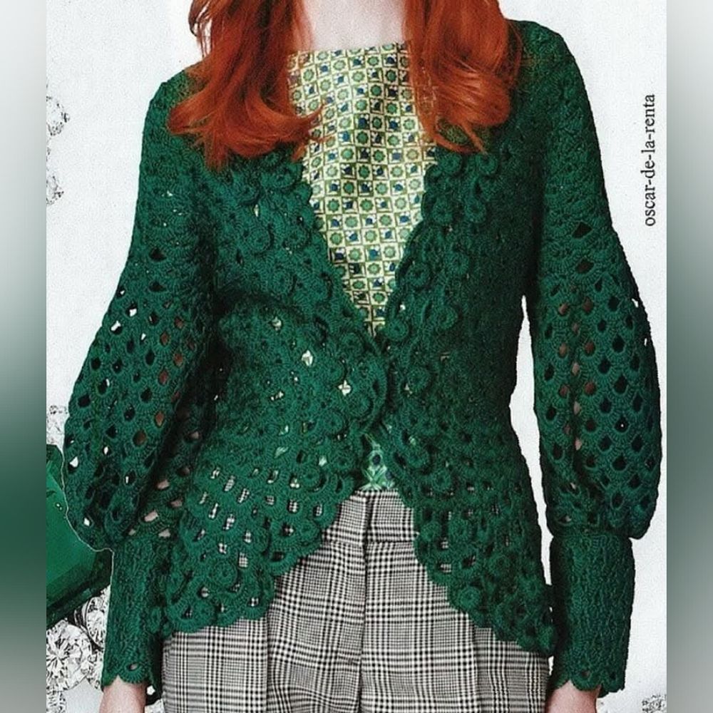 Oscar de la Renta Forest Green Crochet Cardigan Runway